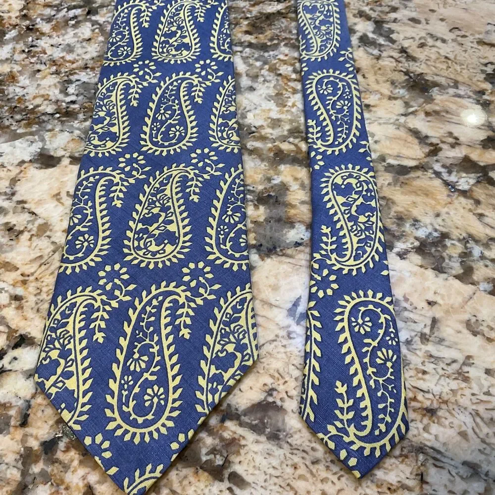 Henry Grethel Mens Large Paisley Silk Neck Tie made in the USA Blue/ Yellow 58”